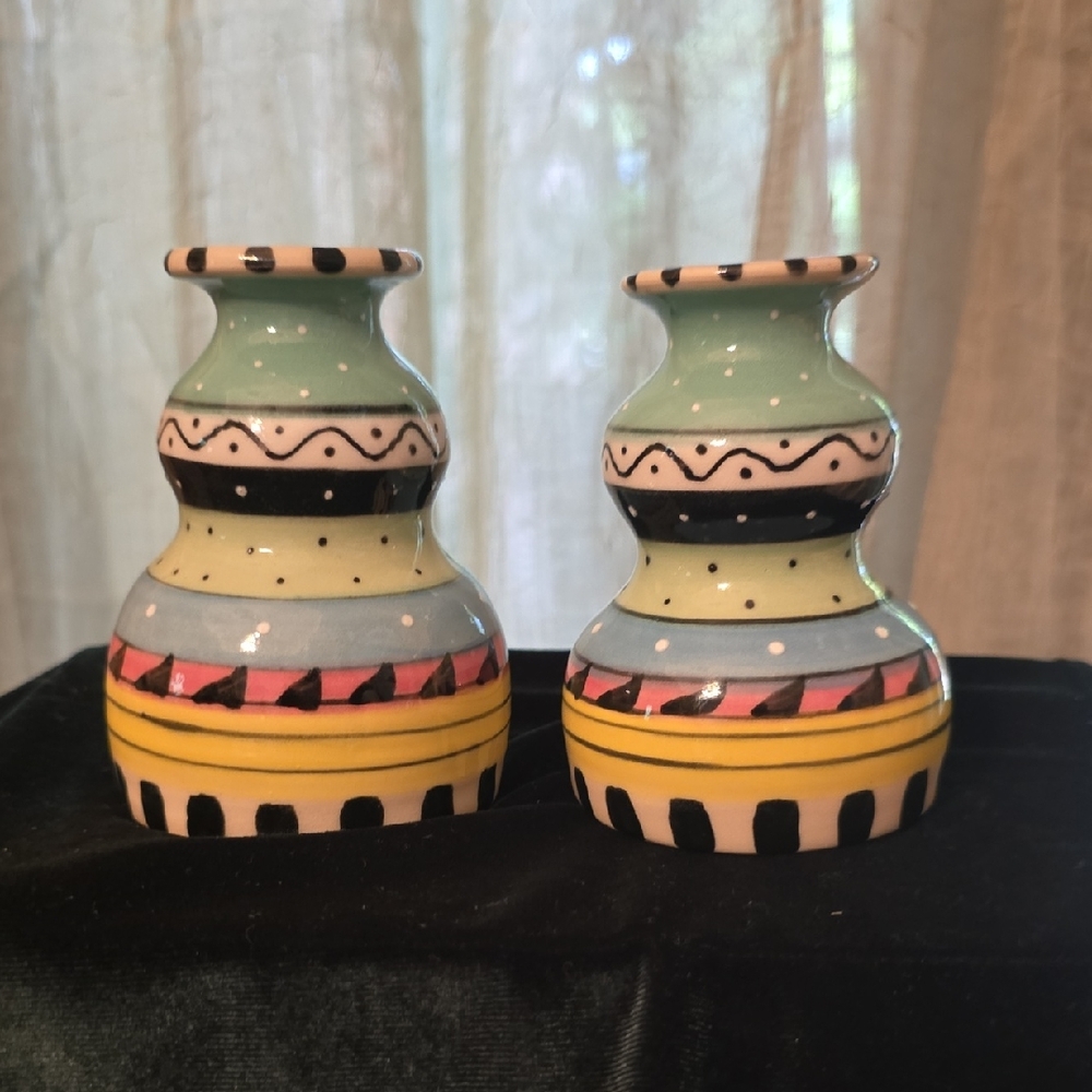 KMM Art Pottery Colorful‎ Taper Candlestick Holders Signed Whimsical